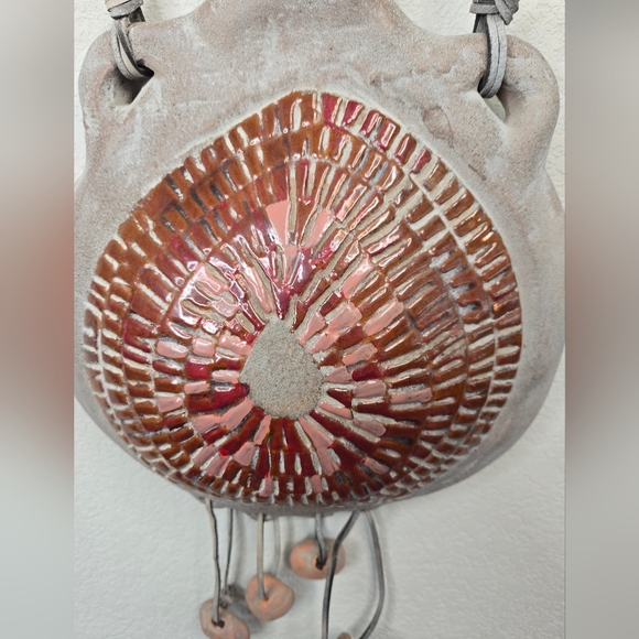 Vintage Ceramic Bag Wall Art, Medicine Bag Leather Straps Tribal Wall Art Rustic - Picture 4 of 12